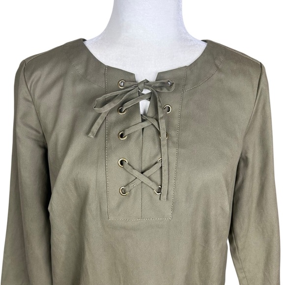 Talbots Shift Dress 10 Lace Up 3/4 Sleeve Tencel Blend Army Green Closet Staple - Picture 6 of 10